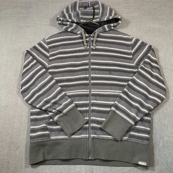 Eddie Bauer Gray & White Striped Full-Zip Hoodie Jacket Sherpa Lining Mens SZ M - Picture 1 of 11